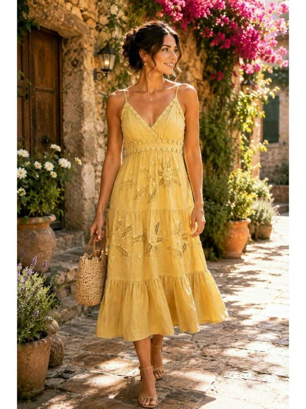 Sue Wong Floral Embroidered 100% Cotton Maxi Dress Yellow Boho Cottagecore Women